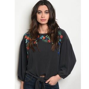 Gorgeous embroidered floral tie top in charcoal